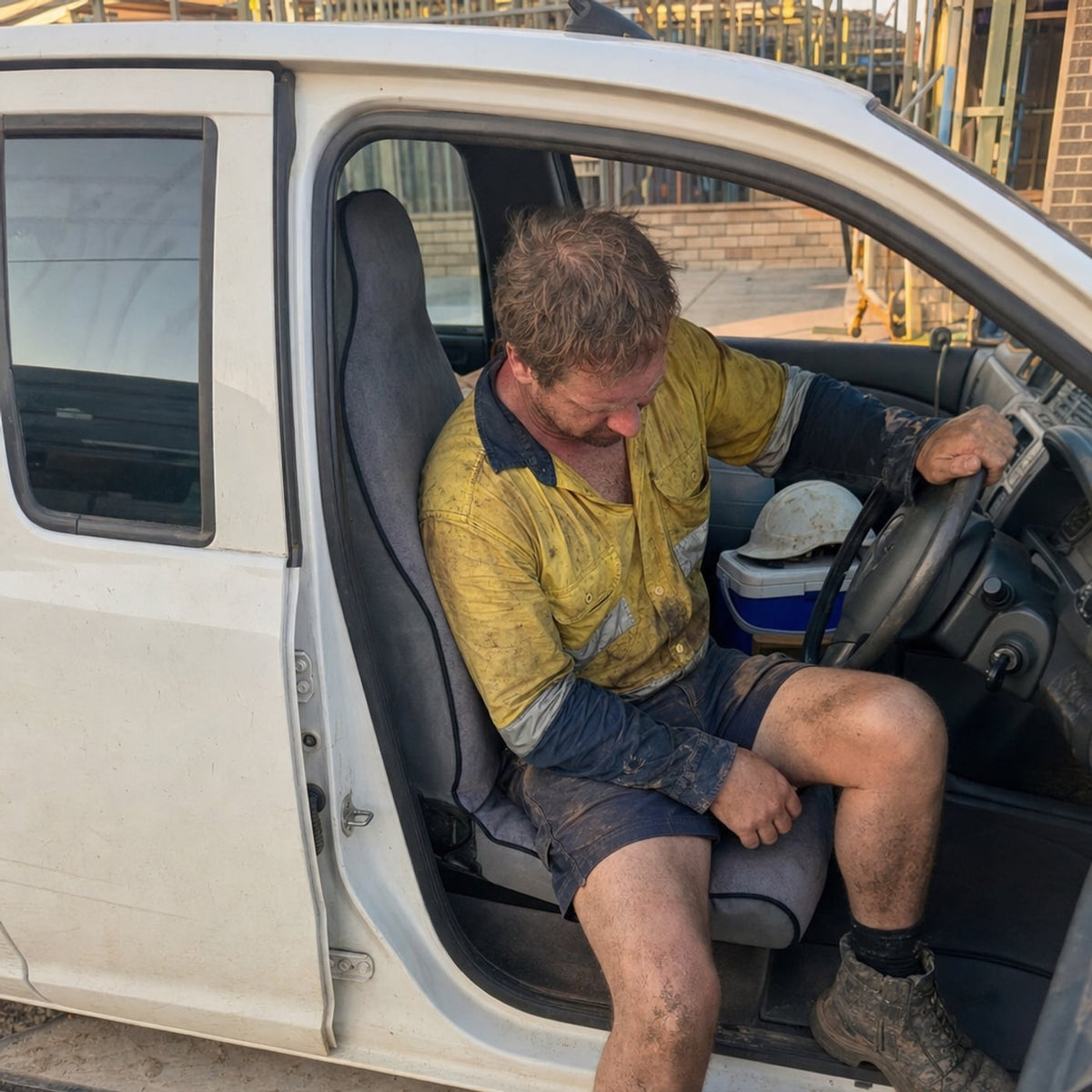 A dusty tradie sitting on the seat towel in his ute