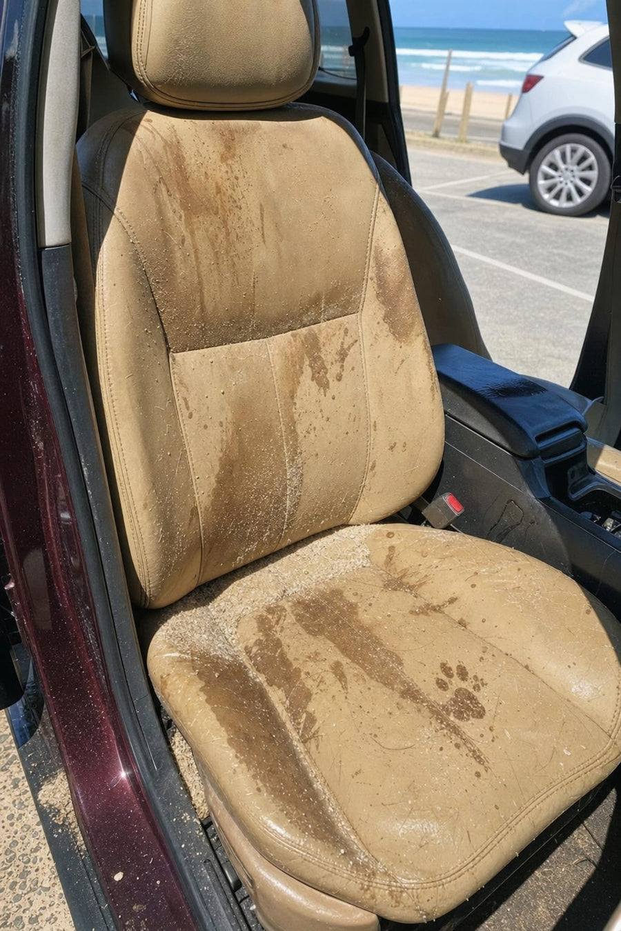 A car seat covered in sand, mud and water stains